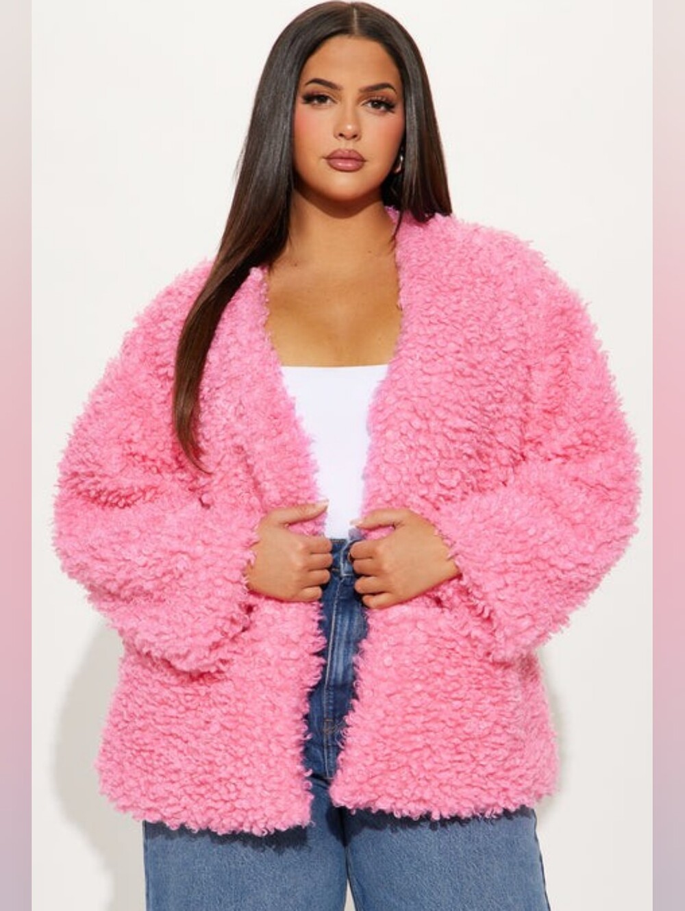 Pink Faux-Shearling Open-Front Jacket With Pockets - Picture 4 of 8